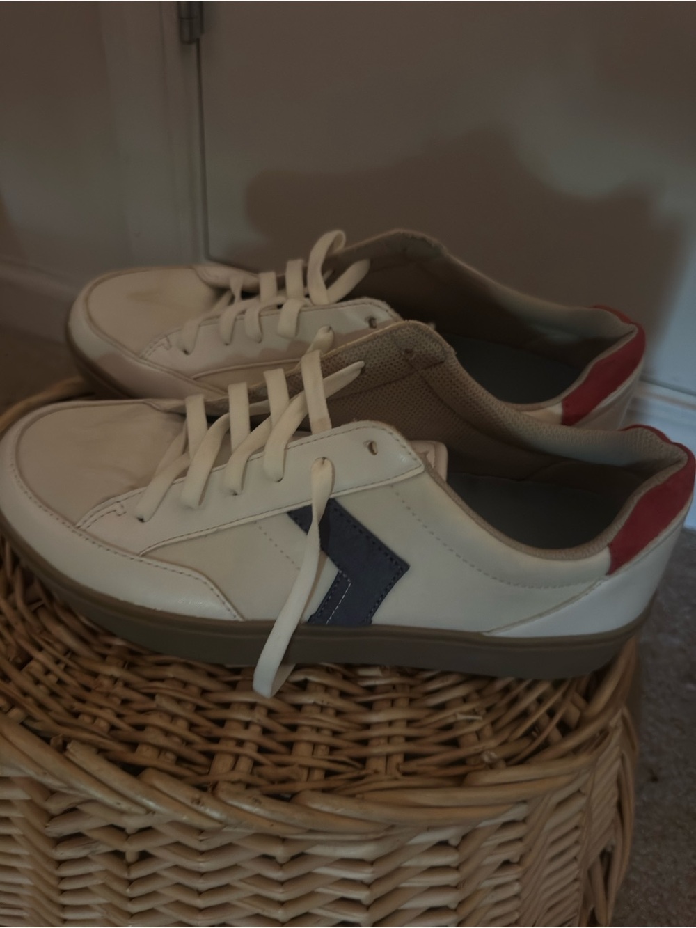 Dr. Scholl’s Madison White Sneakers with Navy Chevron and Red Heel Tab Women